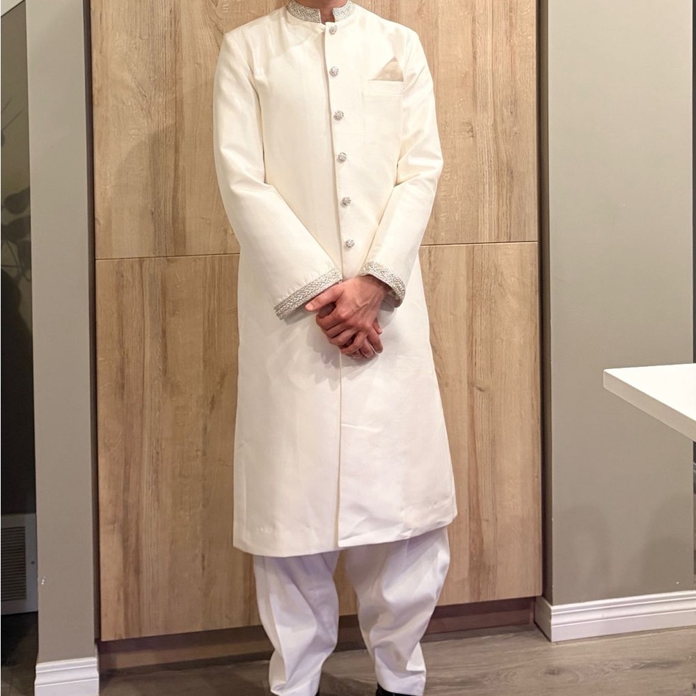 Men's Cream Sherwani Coat with Embroidered Trim